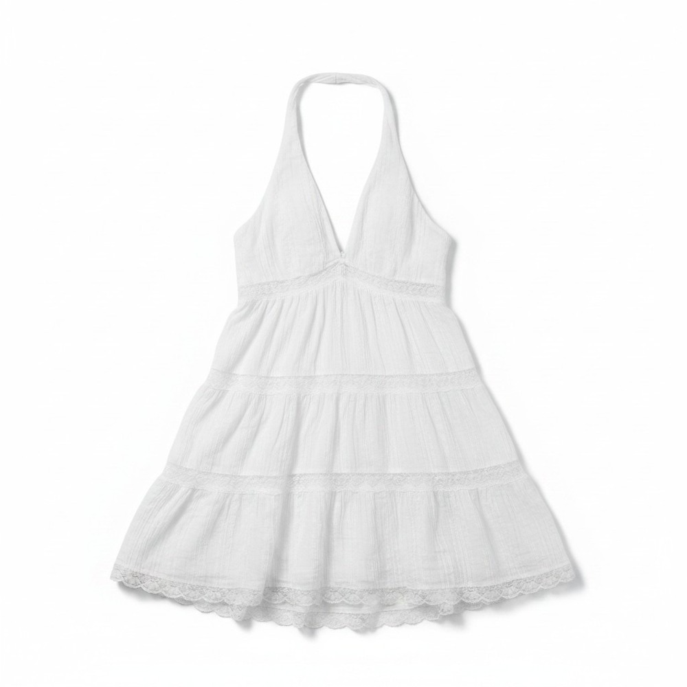 Pull&Bear White Lace Trim Tiered Halter Mini Dress 3397/317/250/L Large